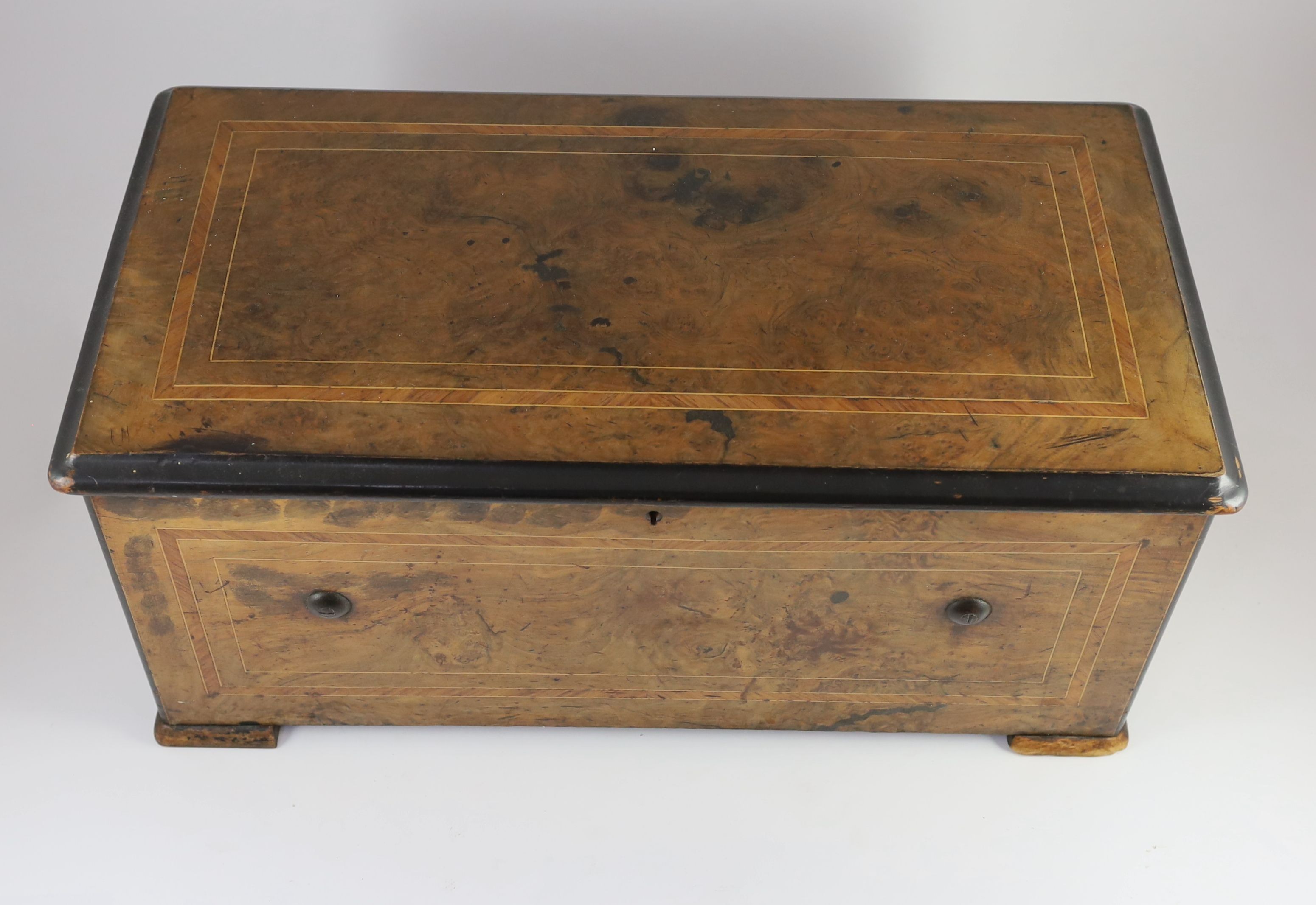 A 19th century Swiss ten air inlaid walnut musical box, width 60cm, depth 31cm, height 26cm